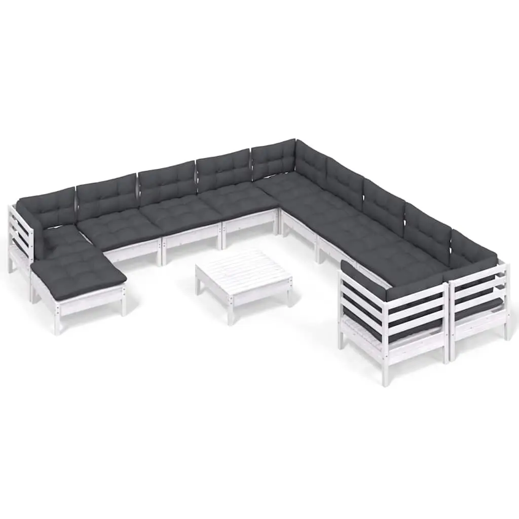 Garden Lounge Set 12 Piece White Pinewood Outdoor Furniture with Cushions