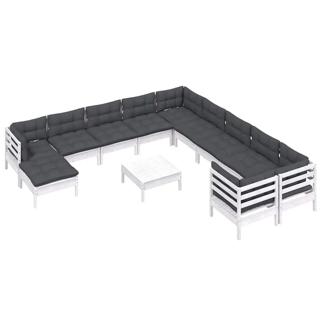 Garden Lounge Set 12 Piece White Pinewood Outdoor Furniture with Cushions