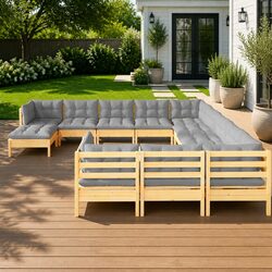 Garden Lounge Set 12 Piece Modular Outdoor Furniture with Grey Cushions Pinewood