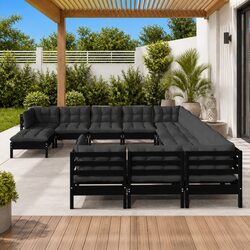 Garden Lounge Set 12 Piece Black Pinewood Patio Furniture with Cushions Modular