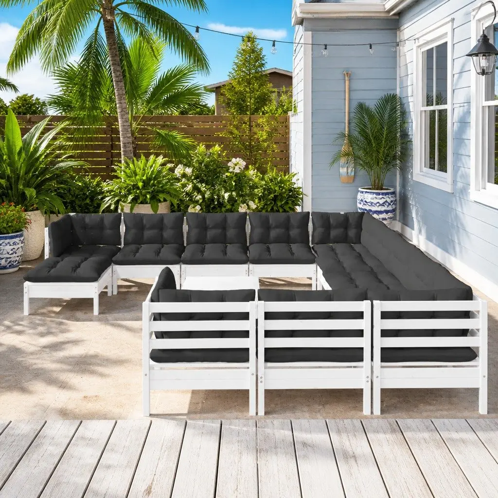 Garden Lounge Set 13 Piece White Pinewood Outdoor Furniture with Cushions