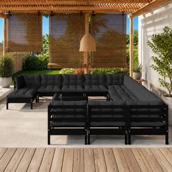 Garden Lounge Set 13 Piece Outdoor Patio Furniture Black Pinewood with Cushions