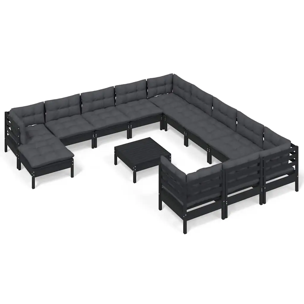 Garden Lounge Set 13 Piece Outdoor Patio Furniture Black Pinewood with Cushions