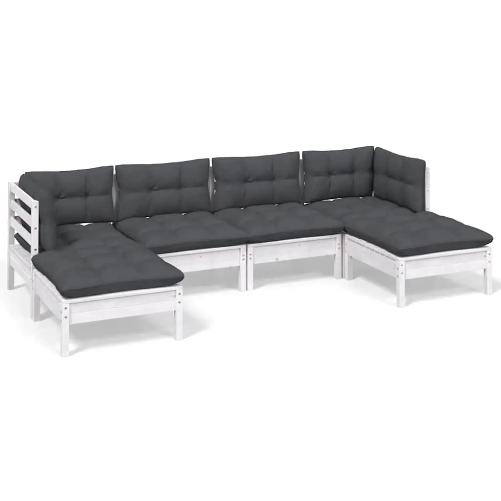 Garden Lounge Set 6 Piece White Pinewood Outdoor Furniture with Cushions Patio