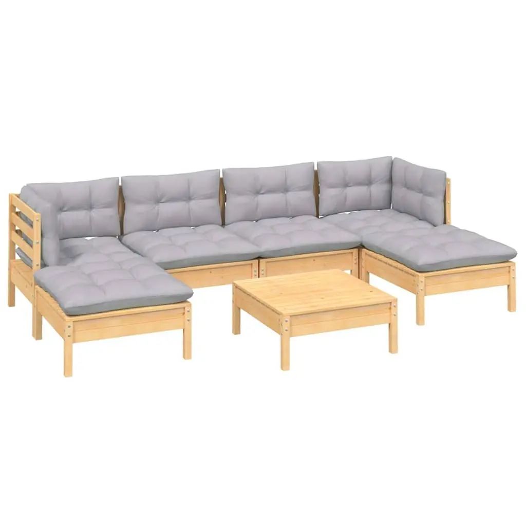 Garden Lounge Set 7 Piece Outdoor Patio Furniture with Grey Cushions Pinewood