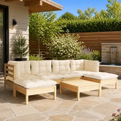 Outdoor Garden Lounge Set 7 Piece Patio Furniture with Cream Cushions Pinewood