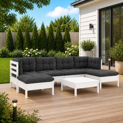 7 Piece Garden Lounge Set with Cushions White Pinewood Outdoor Patio Furniture