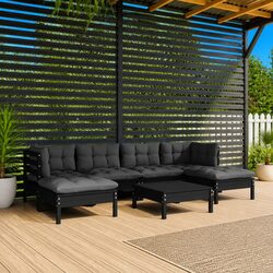 7 Piece Garden Lounge Set Black Pinewood Outdoor Furniture with Cushions Patio