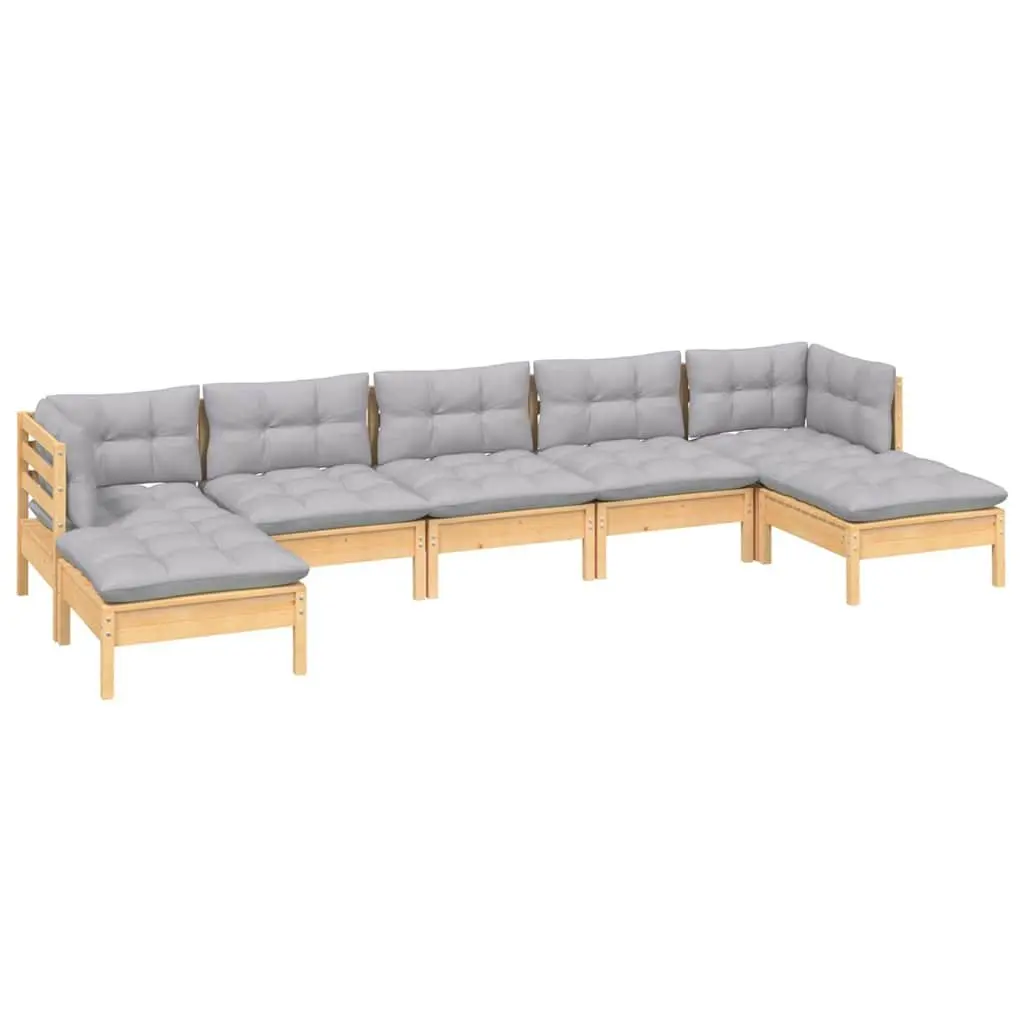 Outdoor Garden Lounge Set 7 Piece Patio Furniture Grey Cushions Pinewood