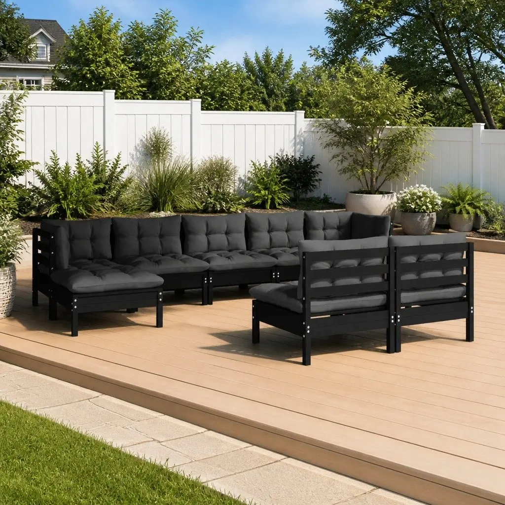 Garden Lounge Set 9 Piece Outdoor Patio Furniture Black Pinewood with Cushions