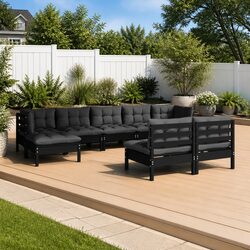 Garden Lounge Set 9 Piece Outdoor Patio Furniture Black Pinewood with Cushions