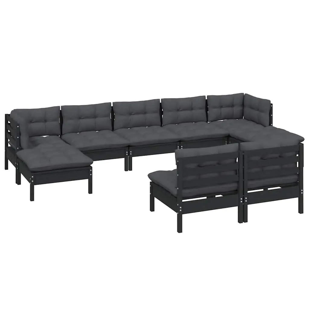 Garden Lounge Set 9 Piece Outdoor Patio Furniture Black Pinewood with Cushions