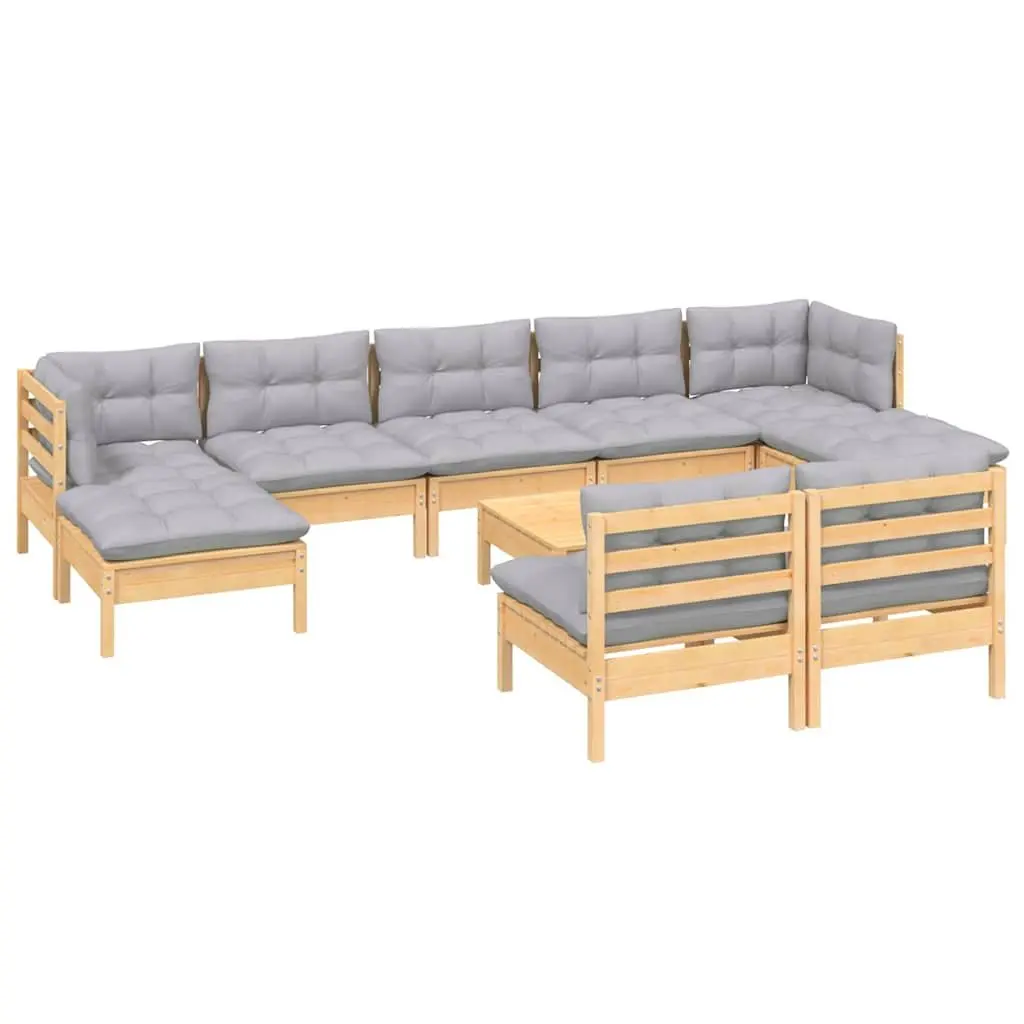 Garden Lounge Set Modular Pinewood 10 Pieces Grey Cushions