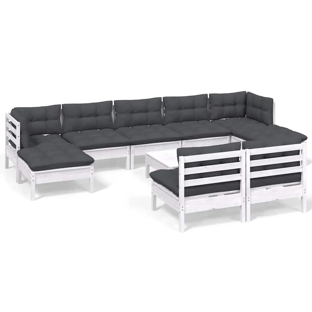 Outdoor Garden Lounge Set 10 Pieces with Cushions White Pinewood Patio Furniture