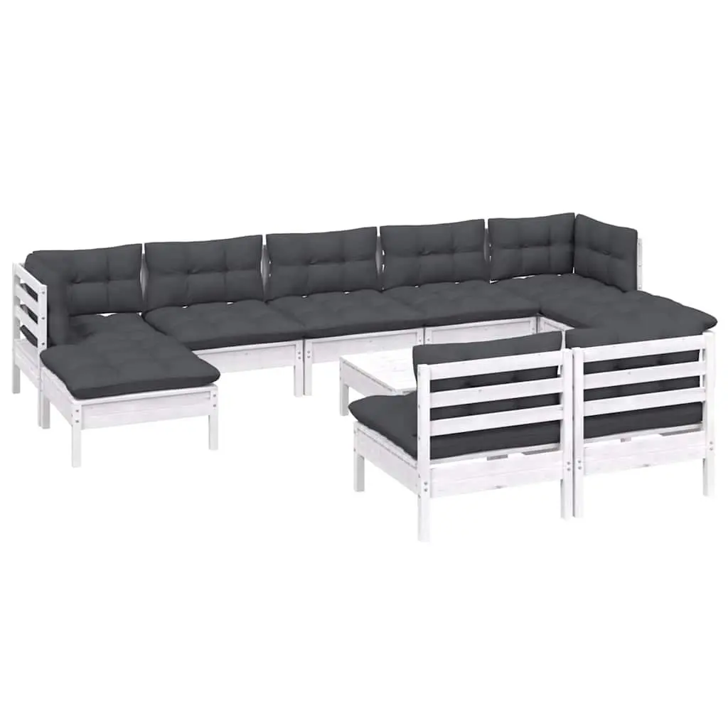 Outdoor Garden Lounge Set 10 Pieces with Cushions White Pinewood Patio Furniture