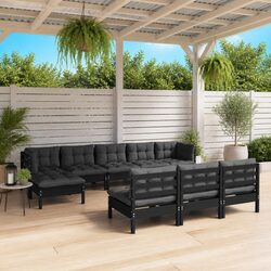 Wooden Garden Lounge Set 10 Piece Black Outdoor Patio Furniture with Cushions