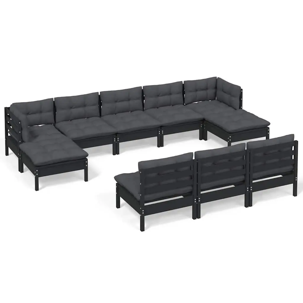 Wooden Garden Lounge Set 10 Piece Black Outdoor Patio Furniture with Cushions