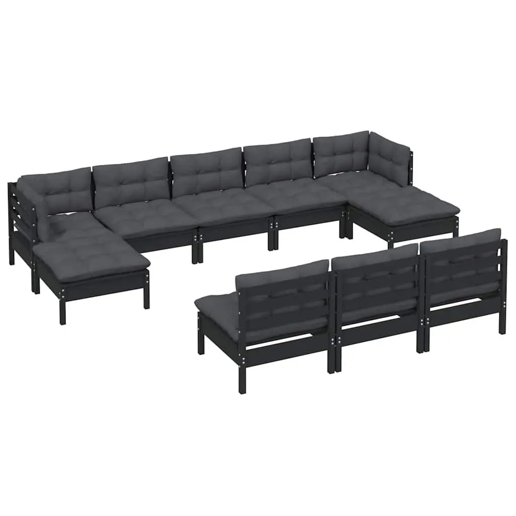 Wooden Garden Lounge Set 10 Piece Black Outdoor Patio Furniture with Cushions