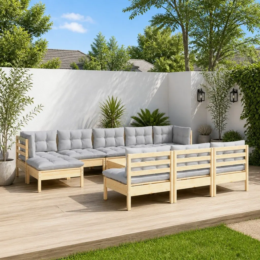 Garden Lounge Set Modular Wooden Patio Furniture 11 Piece with Grey Cushions