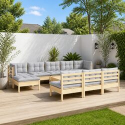 Garden Lounge Set 11 Piece Wooden Patio Furniture with Grey Cushions Modular