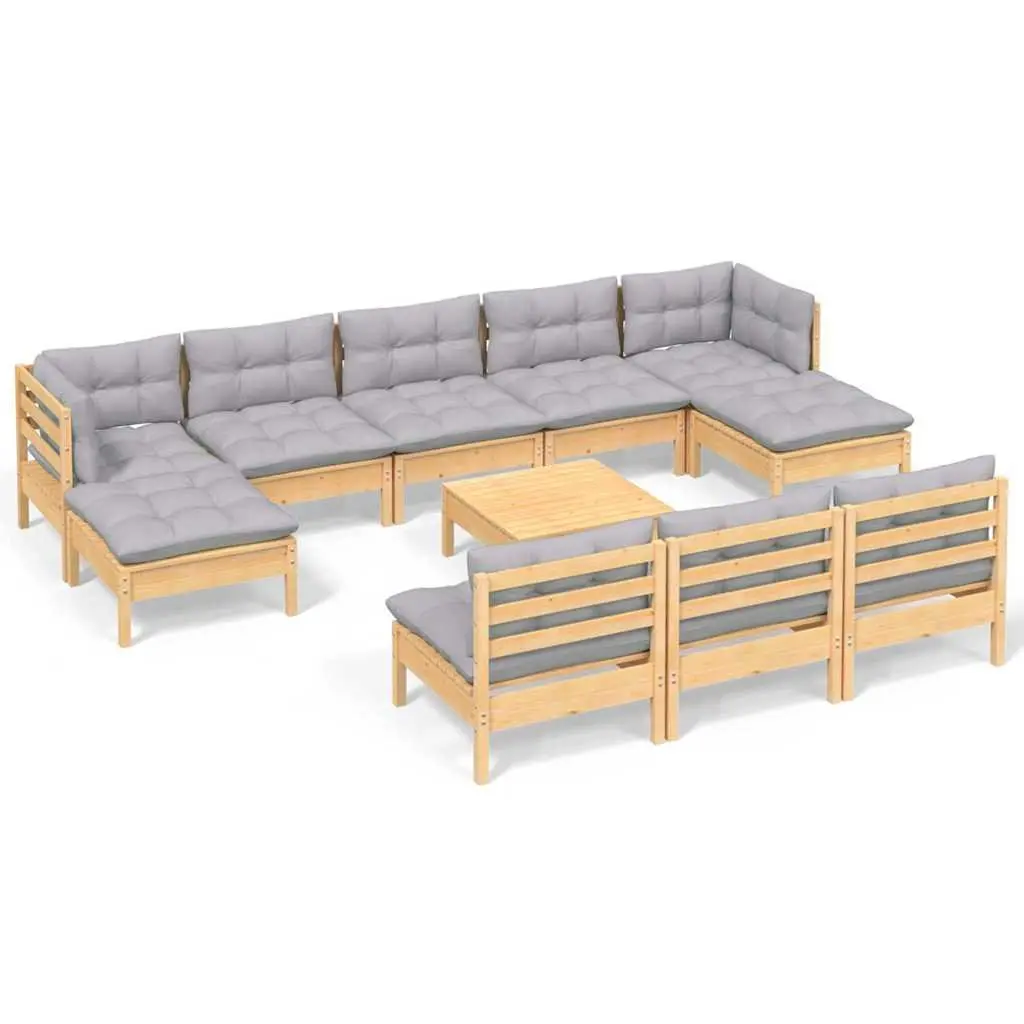 Garden Lounge Set Modular Wooden Patio Furniture 11 Piece with Grey Cushions
