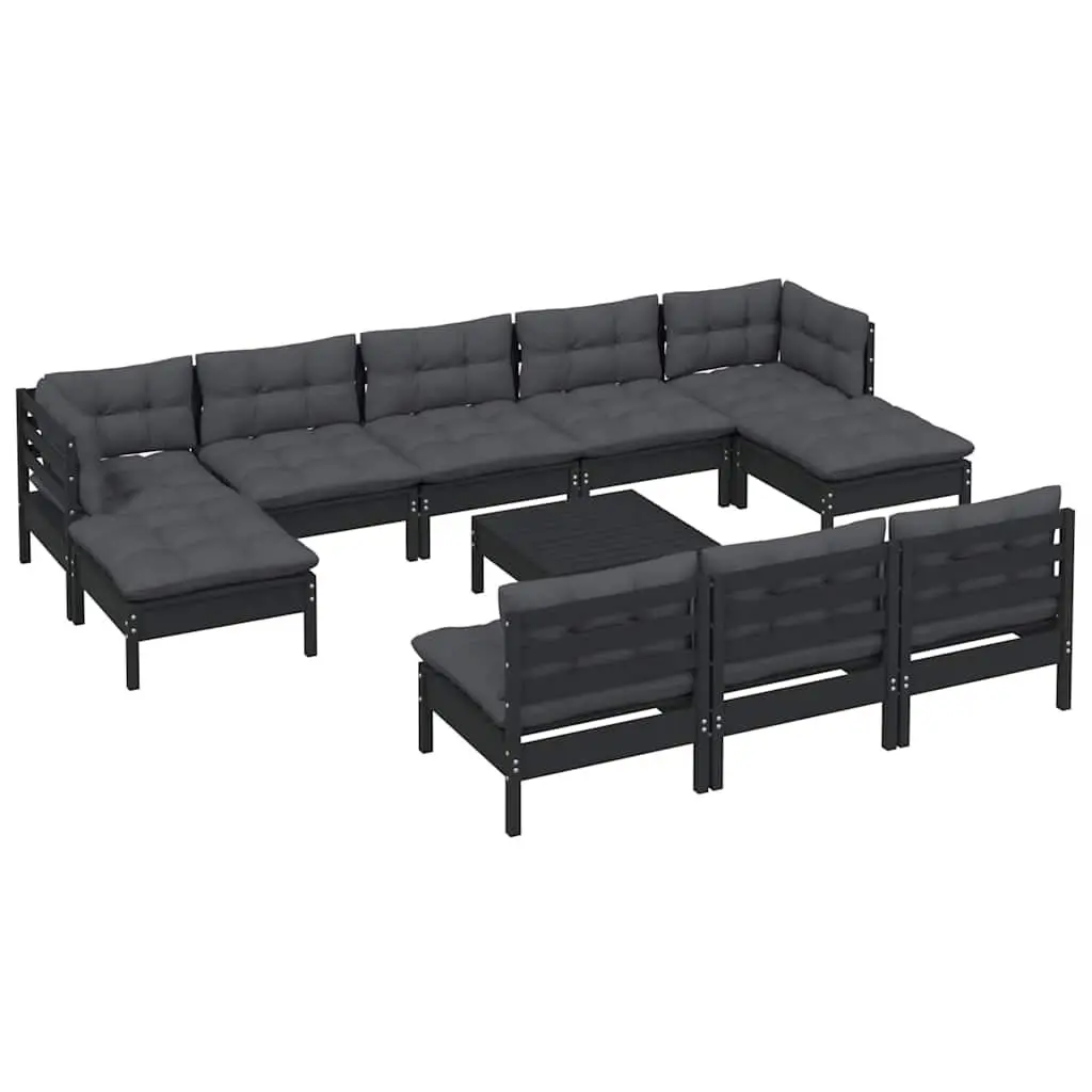 Garden Lounge Set 11 Piece Outdoor Patio Furniture Black Pinewood with Cushions