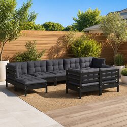 Garden Lounge Set 9 Piece Outdoor Patio Furniture Black Pinewood with Cushions