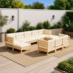 Garden Lounge Set 10 Piece Outdoor Furniture Solid Pinewood with Cream Cushions