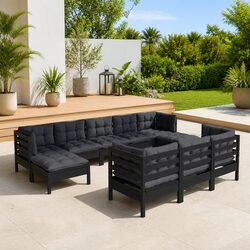Garden Lounge Set 10 Piece Outdoor Furniture with Cushions Black Solid Pinewood