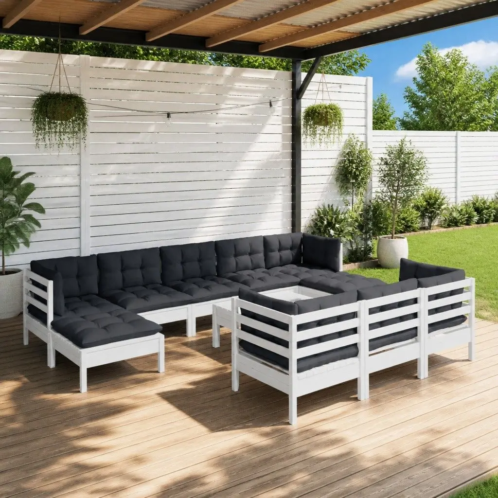 11 Piece Garden Lounge Set White Solid Pinewood Modular Outdoor Patio Furniture
