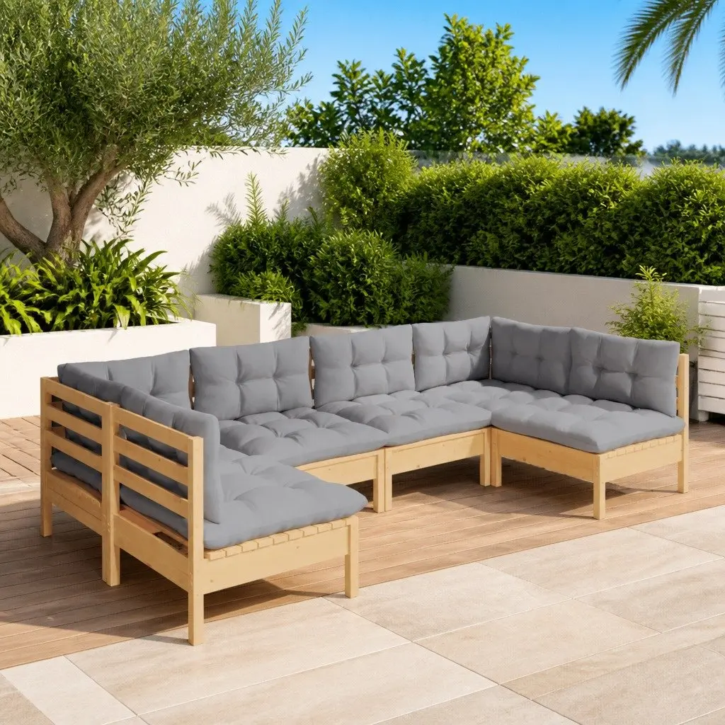 Garden Lounge Set 6 Piece Outdoor Patio Furniture with Grey Cushions Pinewood