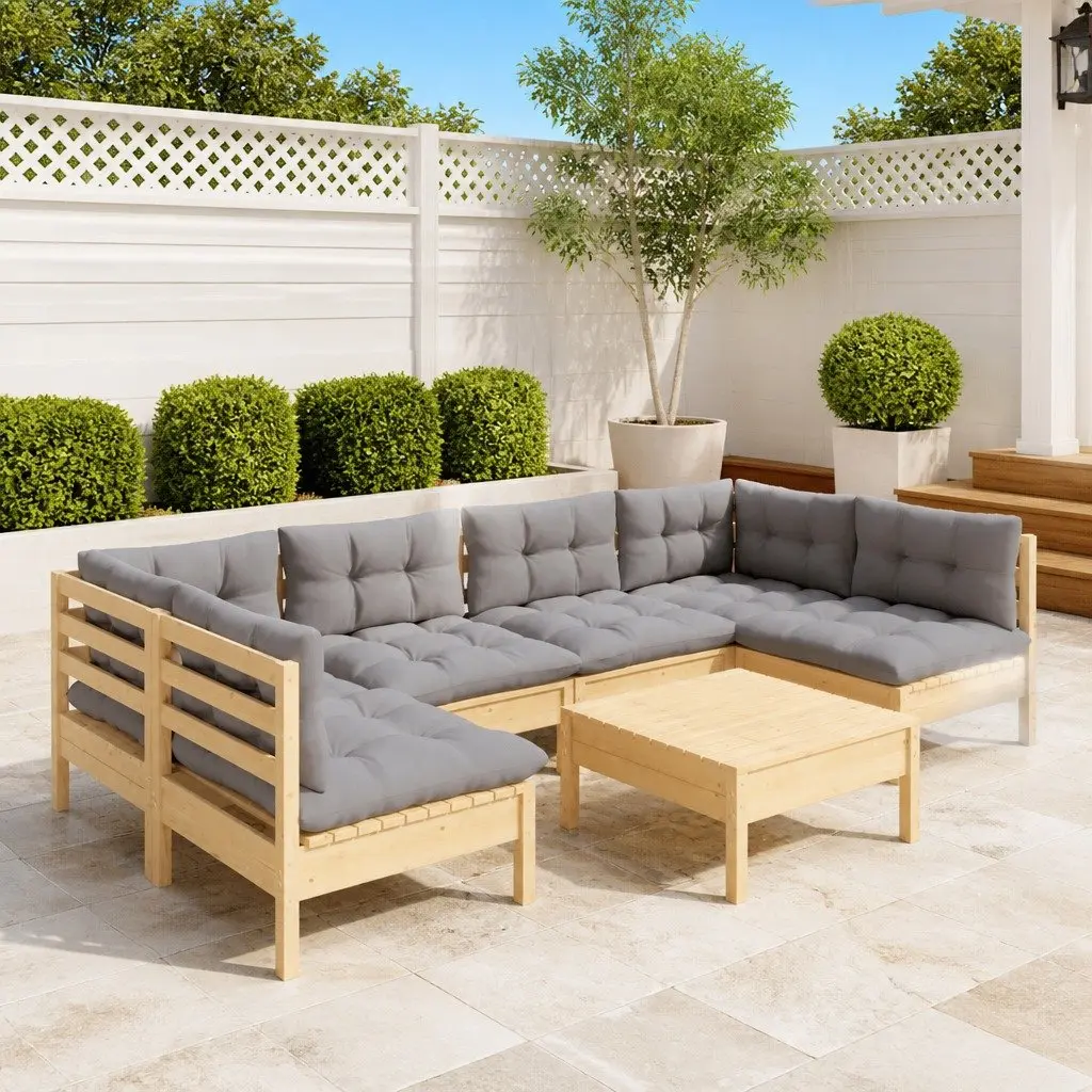 Garden Lounge Set 7 Piece Outdoor Furniture Pinewood Grey Cushions