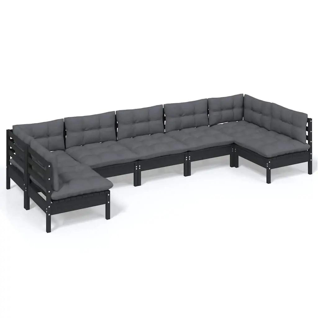 7 Piece Garden Lounge Set Black Solid Pinewood with Cushions