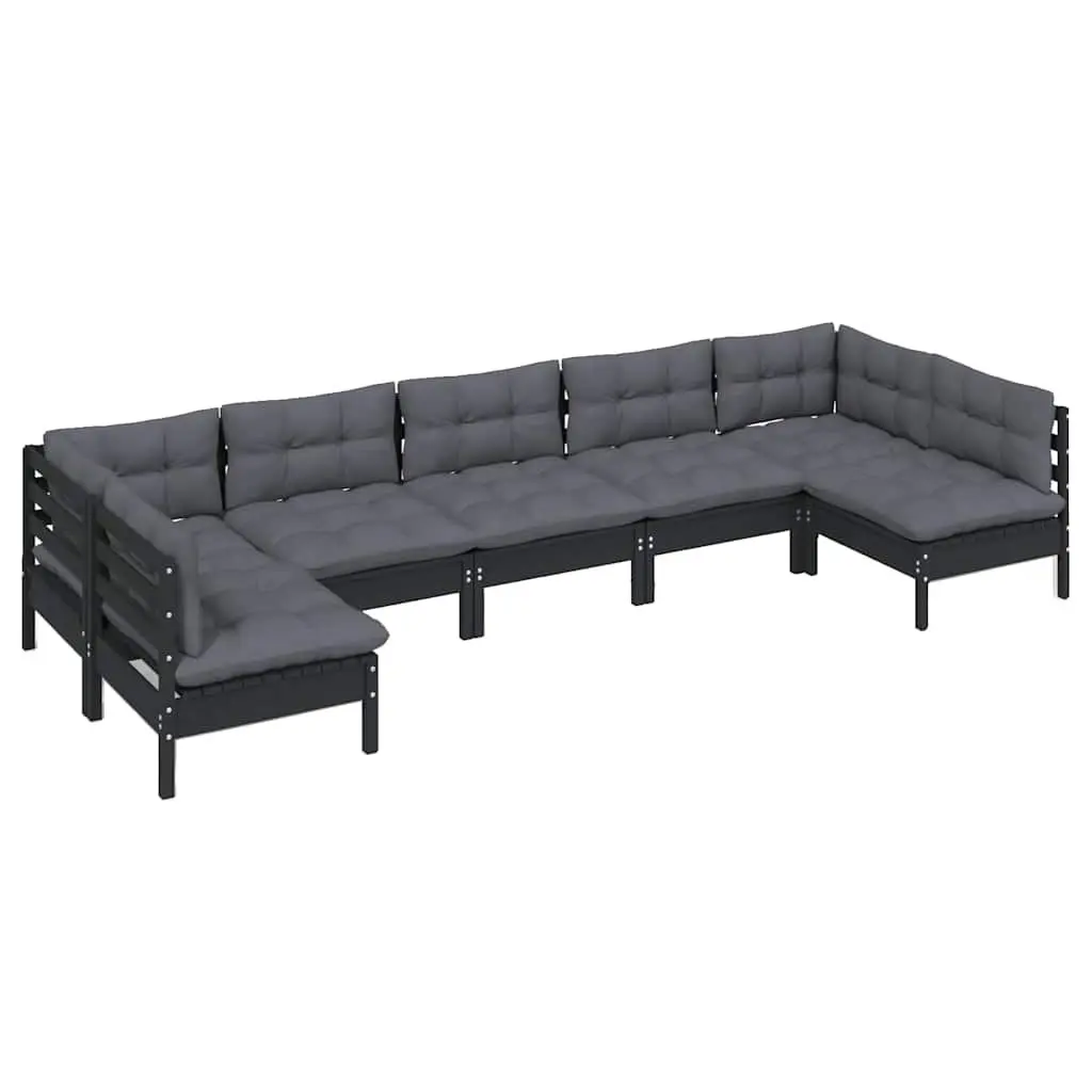 7 Piece Garden Lounge Set Black Solid Pinewood with Cushions