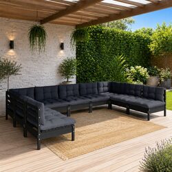 Garden Lounge Set 9 Piece Outdoor Patio Furniture Black Pinewood with Cushions