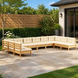 Garden Lounge Set 10 Piece Solid Pinewood Outdoor Furniture with Cream Cushions