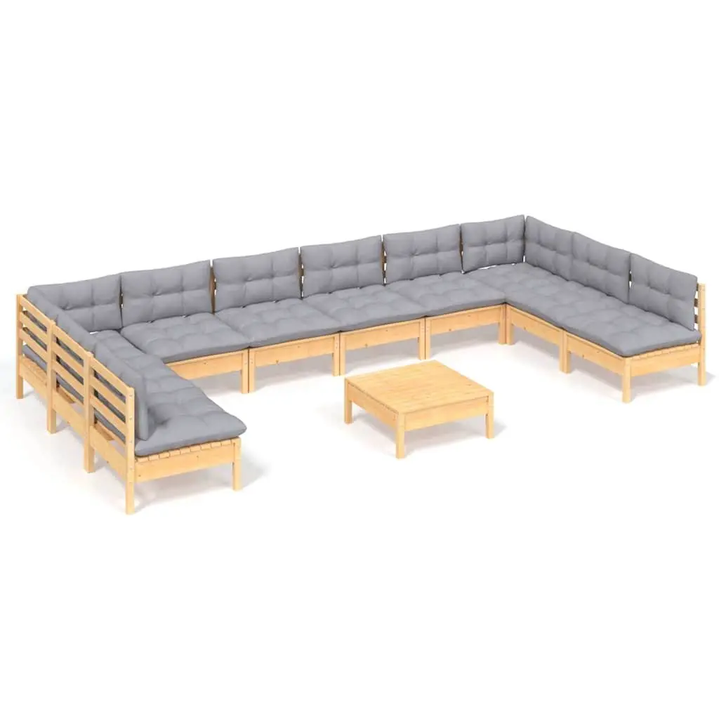 Garden Lounge Set 11 Piece Outdoor Patio Furniture Grey Cushions Pinewood