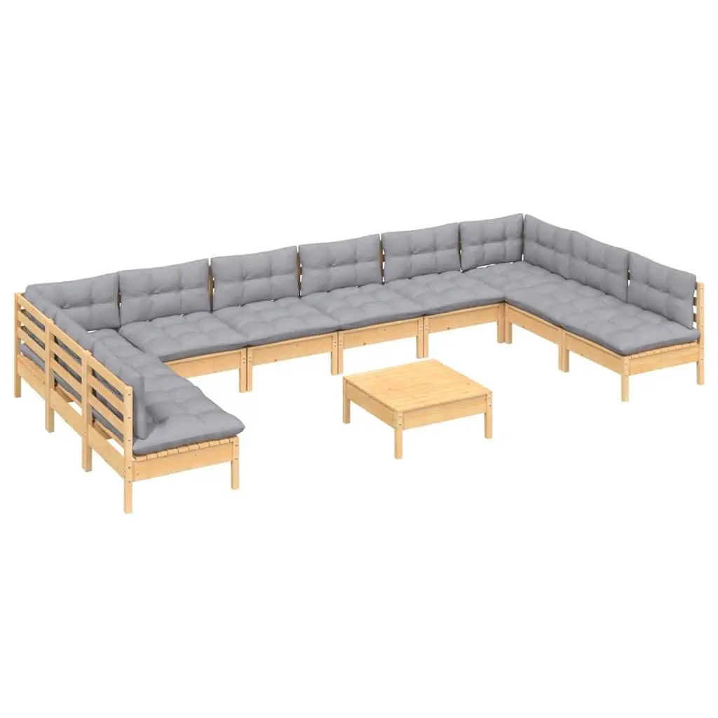 Garden Lounge Set 11 Piece Outdoor Patio Furniture Grey Cushions Pinewood