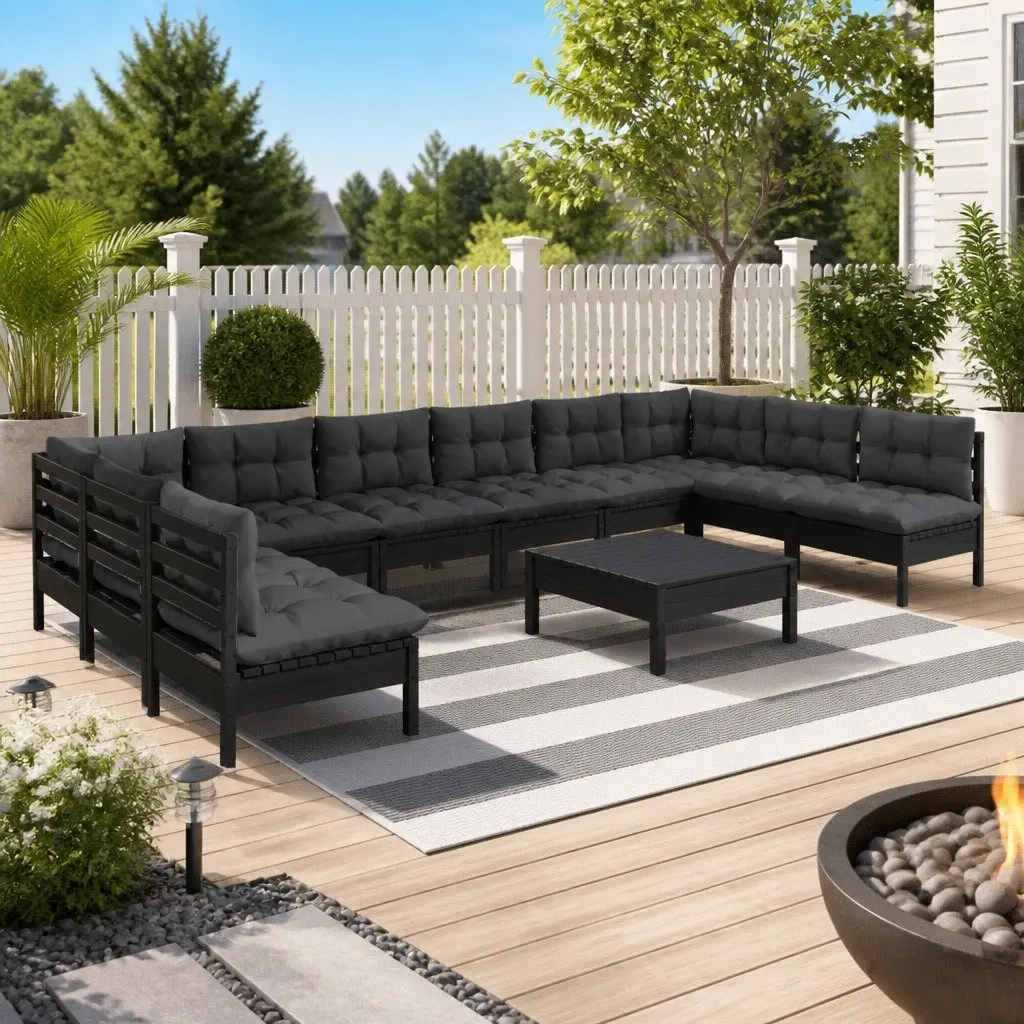 Garden Lounge Set Modular 11 Piece Outdoor Patio Furniture Black Solid Pinewood