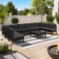 Garden Lounge Set 11 Piece Outdoor Patio Furniture Black Solid Wood Modular