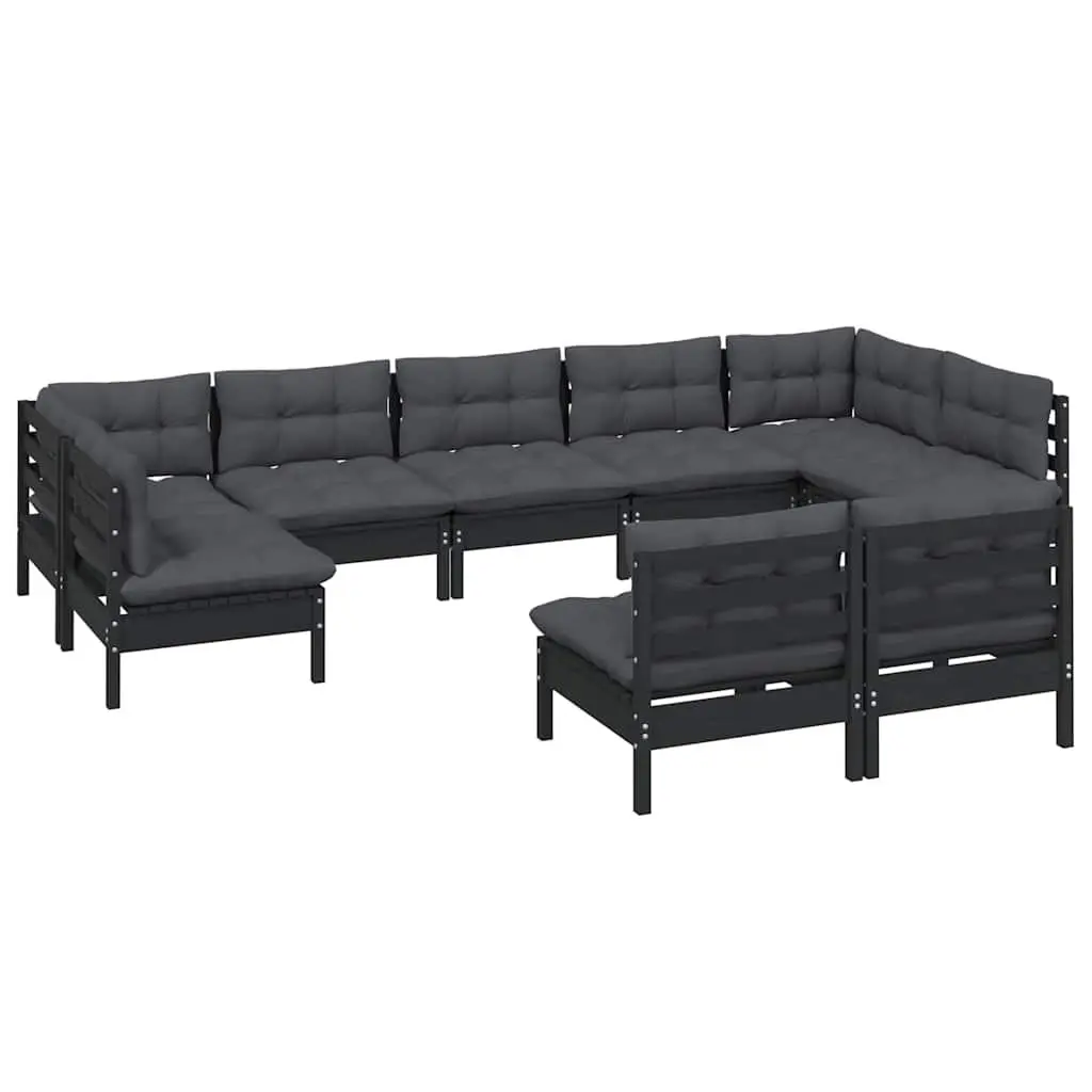 9 Piece Garden Lounge Set Outdoor Patio Furniture with Cushions Black Pinewood