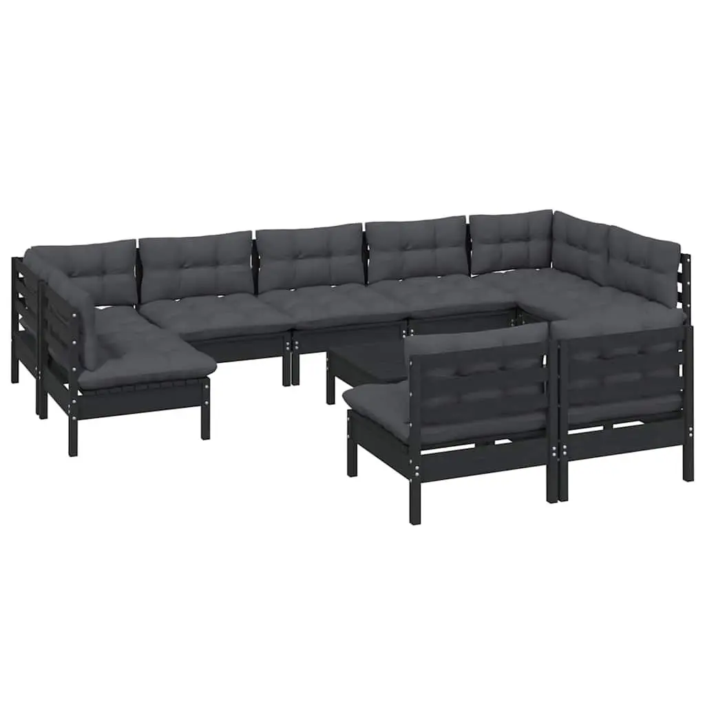 Garden Lounge Set 10 Piece Black Solid Pinewood Patio Furniture with Cushions