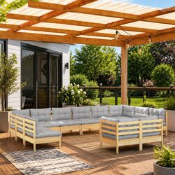 Garden Lounge Set 11 Piece Modular Outdoor Furniture Grey Cushions Pinewood