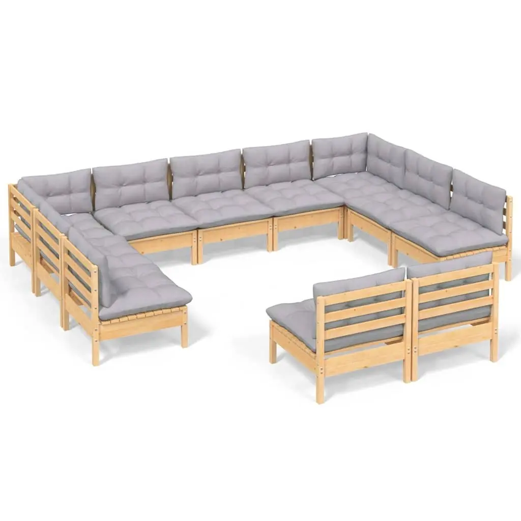 Modular Garden Furniture Set 11 Piece Pinewood with Grey Cushions for Outdoor Lounge