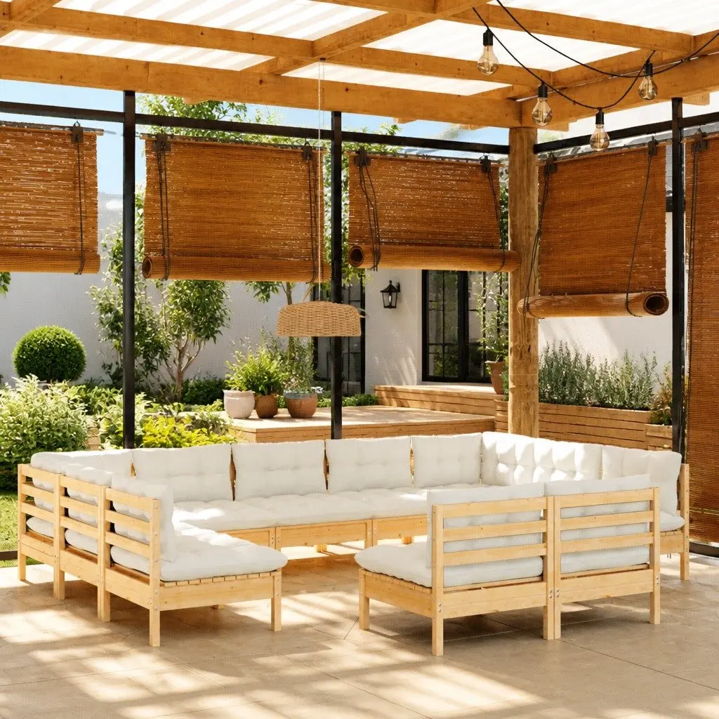 Modular Garden Lounge Set 11 Piece Outdoor Furniture Solid Pinewood with Cream Cushions