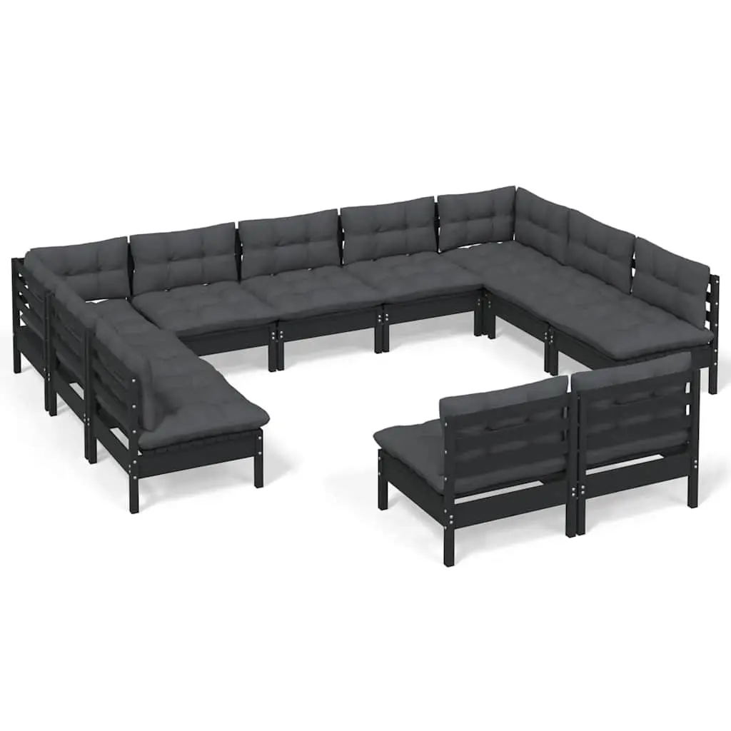 Garden Lounge Set 11 Piece Outdoor Patio Furniture Black Pinewood with Cushions