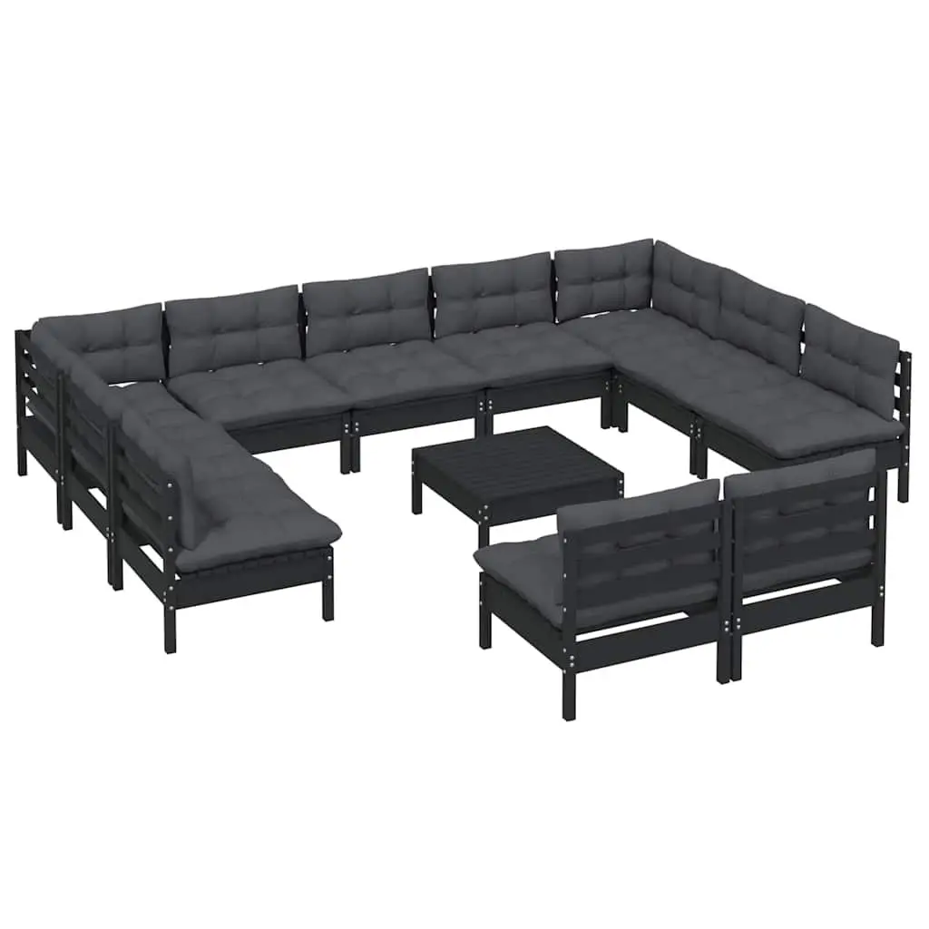 Garden Lounge Set 12 Piece Outdoor Furniture Black Pinewood with Cushions