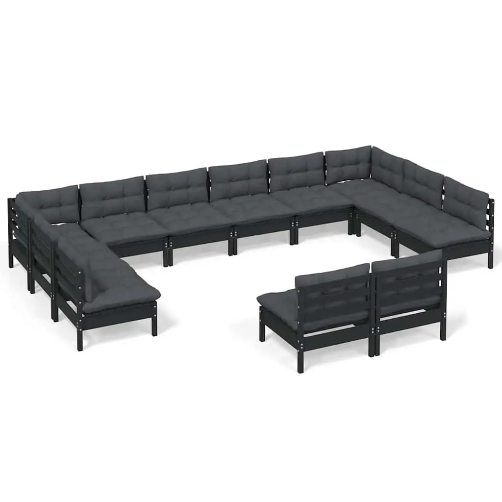 Garden Lounge Set 12 Piece Outdoor Patio Furniture Black Pinewood with Cushions