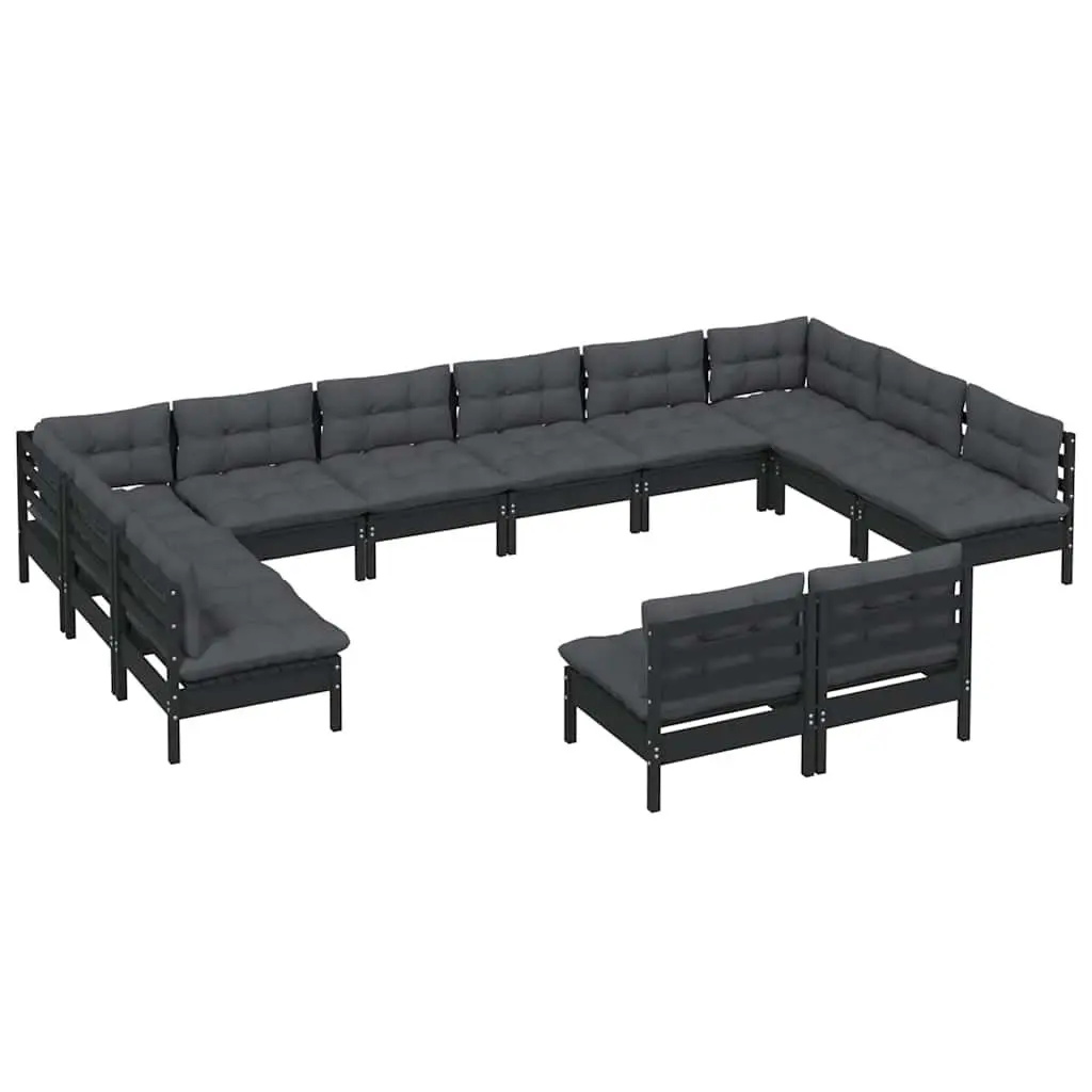 Garden Lounge Set 12 Piece Outdoor Patio Furniture Black Pinewood with Cushions