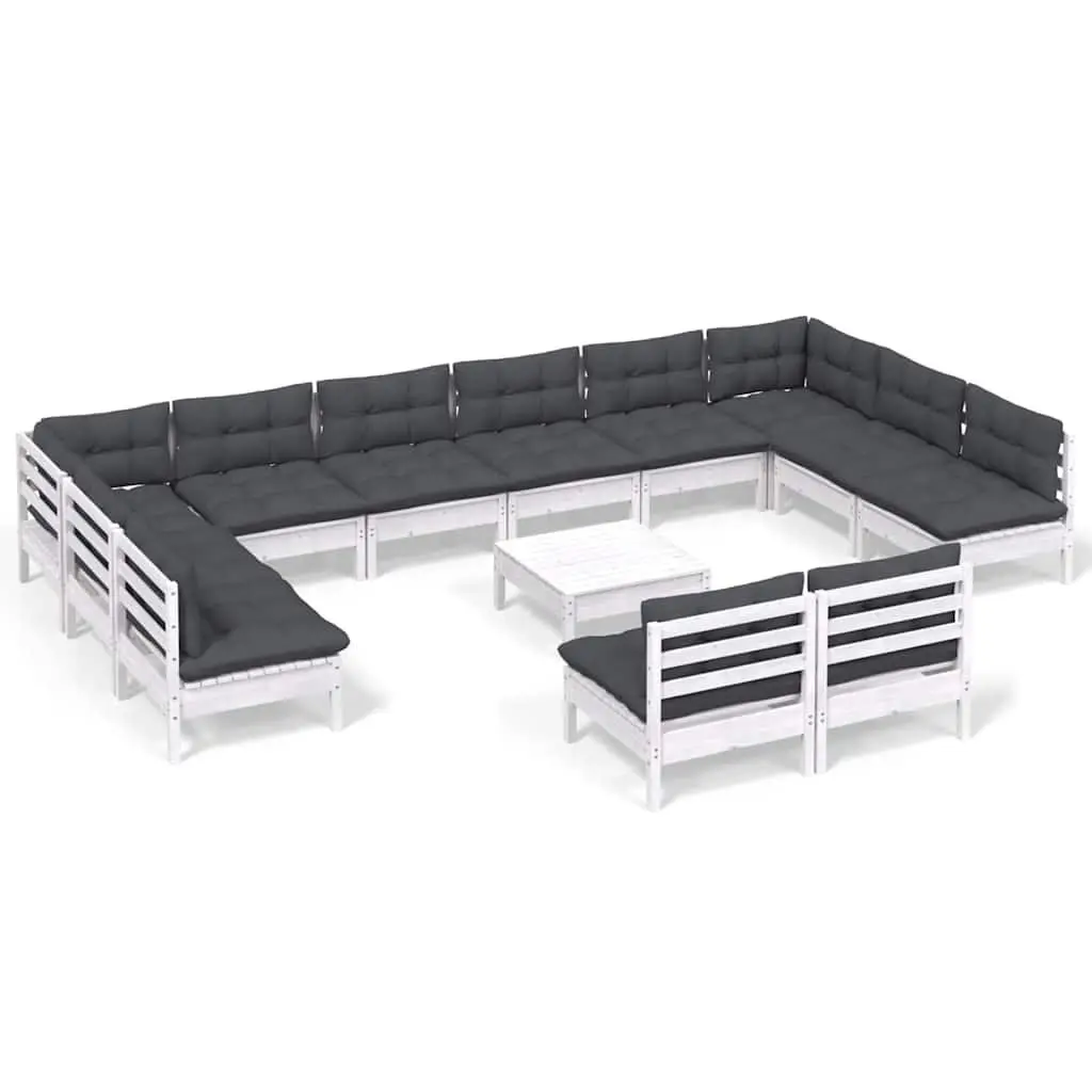 Garden Lounge Set White Solid Pinewood 13 Piece Patio Furniture with Cushions